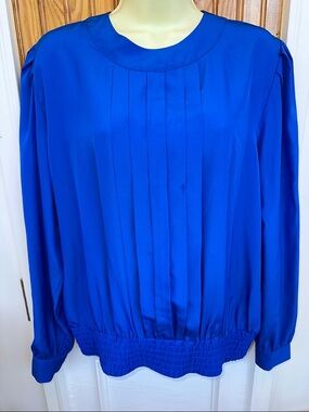 Vintage 80s/90s Susan Hutton Royal‎ Blue Pleated Front Long-Sleeve Blouse